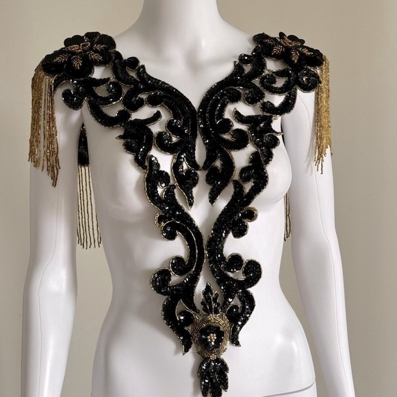 Vintage Black & Gold Ornate Hand Beaded Sequin Bodice Appliqués Patch Piece - Picture 1 of 10